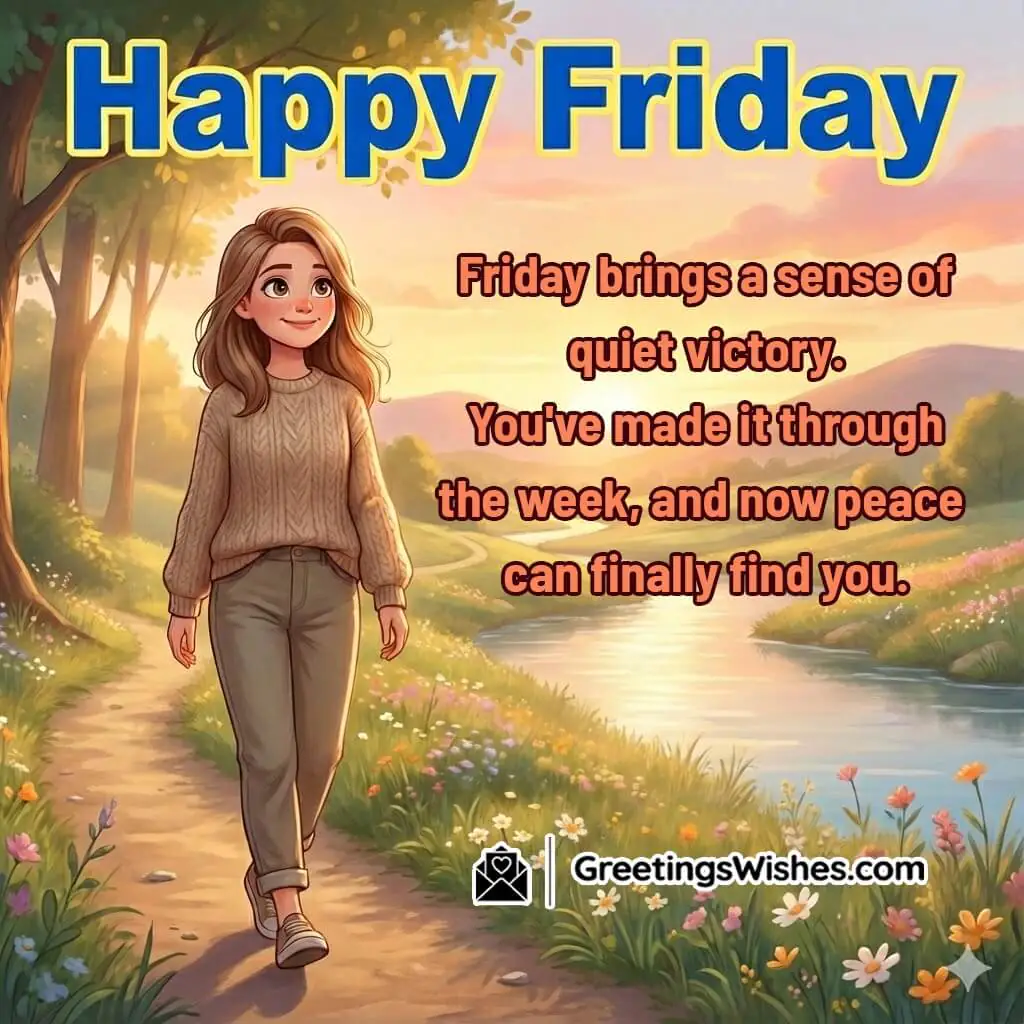 Happy Friday Peaceful Quote Image featuring a calm walking path scene, symbolizing completion, peace, and inner victory.