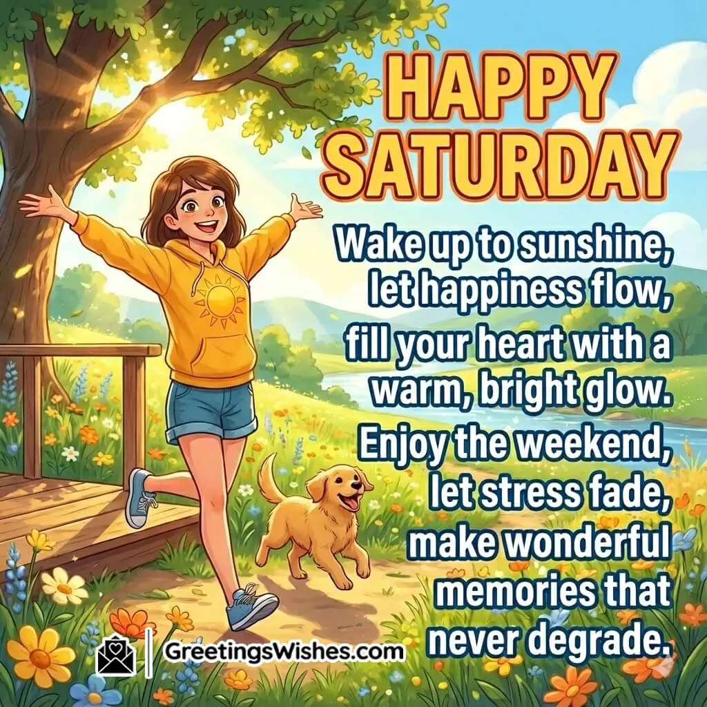 Happy Saturday Morning Greetings Quote image featuring a joyful morning moment, symbolizing happiness, relaxation, and carefree weekend energy.