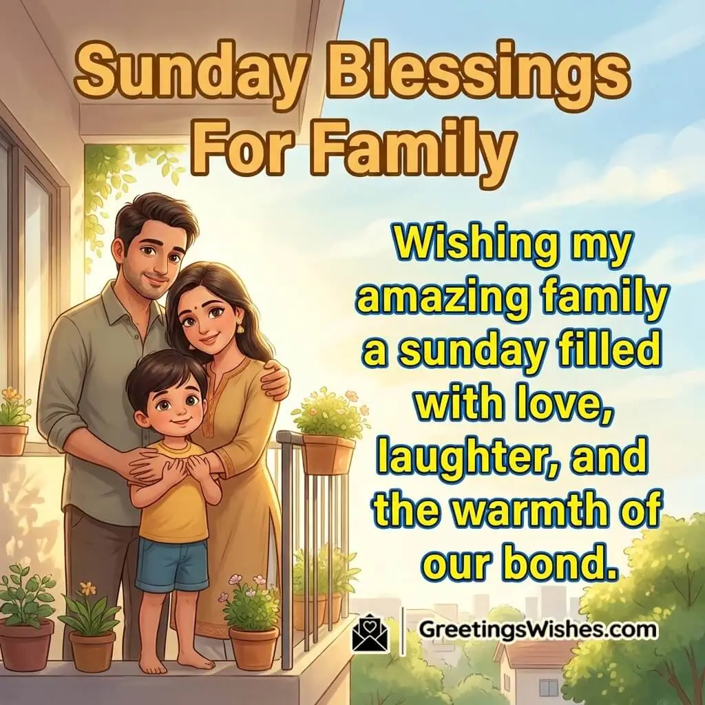 Sunday blessing image for family featuring a cheerful balcony morning scene, symbolizing togetherness, love, and a warm family connection.
