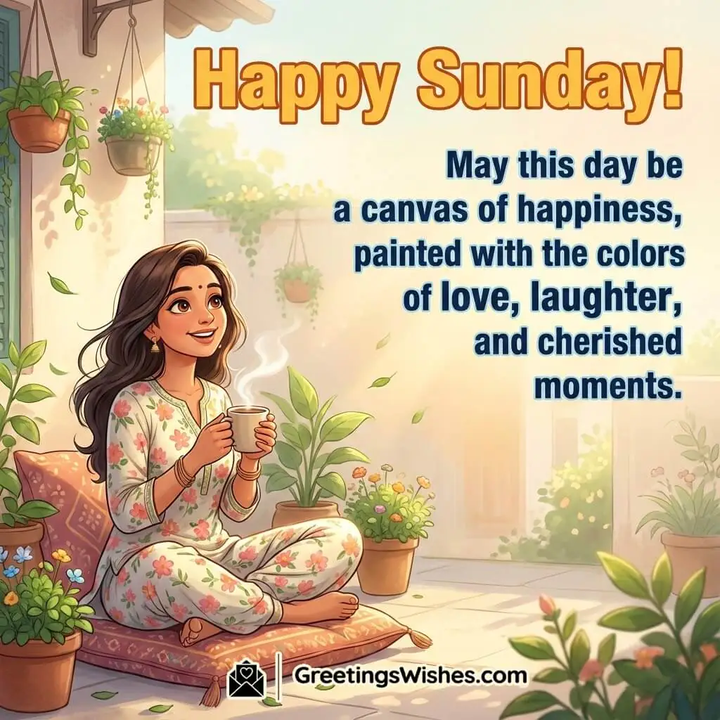 Happy Sunday Cheerful Morning Message image featuring a cheerful courtyard morning scene, symbolizing joy, warmth, and a beautifully refreshing Sunday.