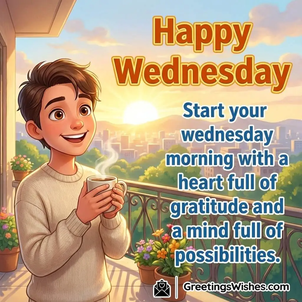 Happy Wednesday Morning Wish image featuring a cheerful sunrise balcony scene, symbolizing gratitude, hope, and new possibilities.