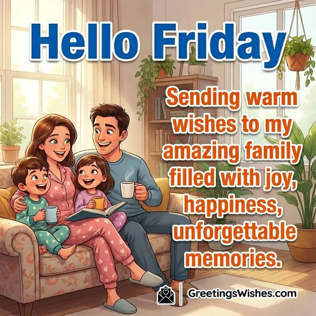 Hello Friday Family Wish Image featuring a joyful home morning scene, symbolizing togetherness, happiness, and shared memories.