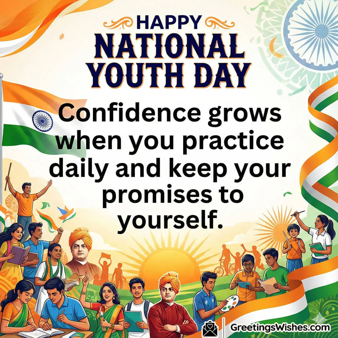 National Youth Day Confidence Quote image featuring tricolour ribbons Ashoka Chakra sunrise and students studying and creating together, symbolizing practice dedication and self confidence.