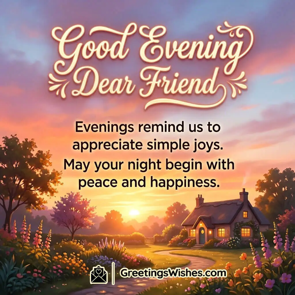 Peaceful Good Evening Message For Friend illustrated with a soothing evening atmosphere symbolising peace simple joys and emotional comfort.