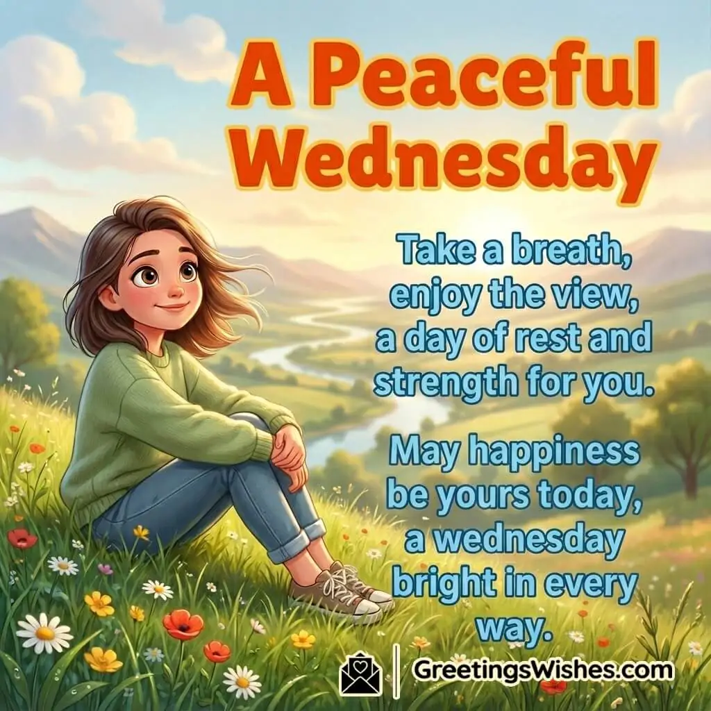 Peaceful Wednesday Morning Greeting featuring a calm hillside view, symbolizing rest, happiness, and gentle strength.