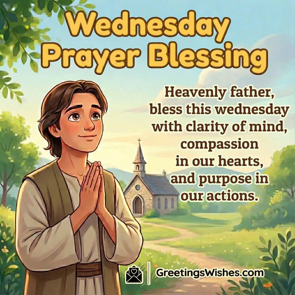 Wednesday christian prayer blessing image featuring a peaceful chapel morning scene, symbolizing clarity, compassion, and spiritual purpose.