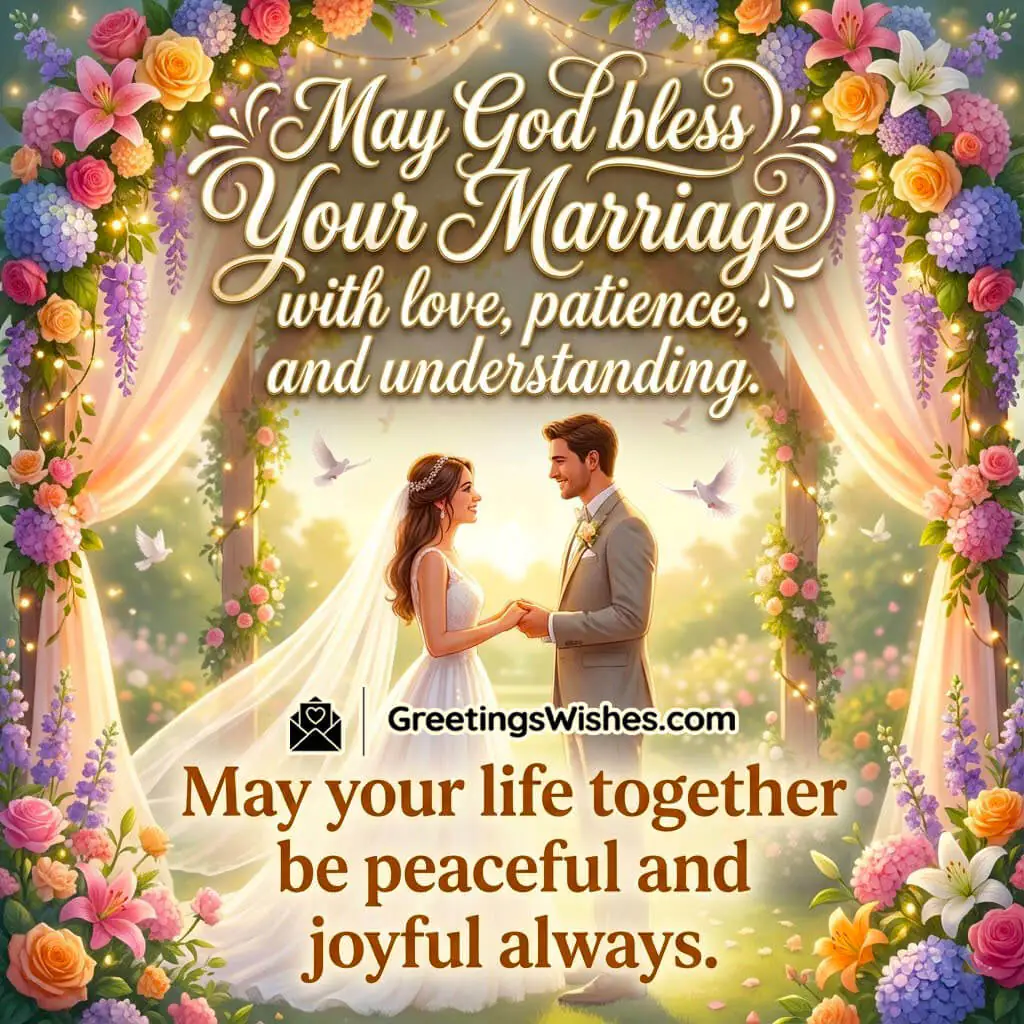 Blessings And Prayers For Newlyweds image showing a bride and groom holding hands beneath a flower-draped canopy with doves and glowing light, representing peace, faith, and divine blessing.
