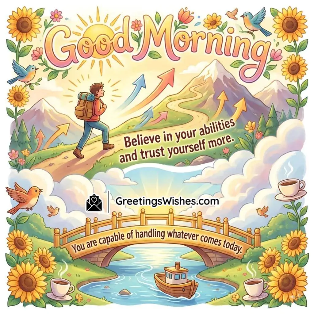 Good Morning Believe in Yourself Motivational Message Image featuring a rising path toward mountains with upward arrows and a confident traveller, symbolising self-trust, growth, and the courage to handle whatever comes today.