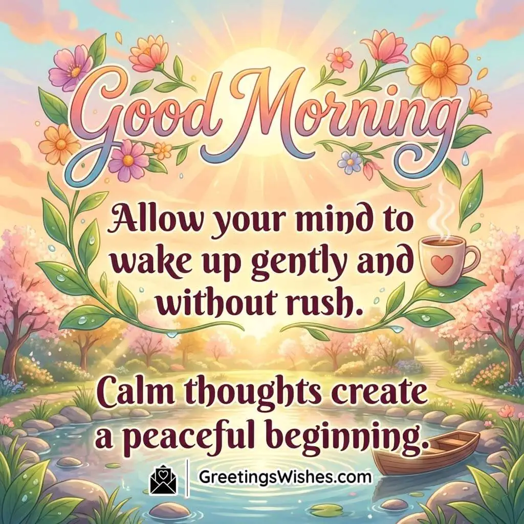 Good Morning Calm Thoughts And Peaceful Beginning Wish Image featuring a calm garden sunrise with gentle water, blossoms, and a quiet tea cup, symbolising a slow, peaceful start that helps the mind wake up softly and feel balanced.