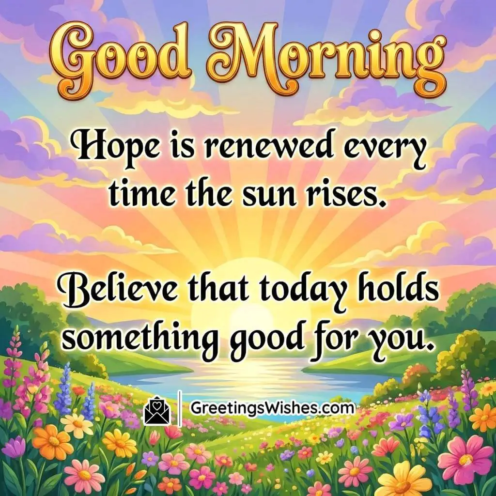 Good Morning Hope Renewed Sunrise Inspirational Quote Image featuring a bright sunrise above a river and blooming valley, symbolising renewed hope and the belief that a fresh day can bring something good.