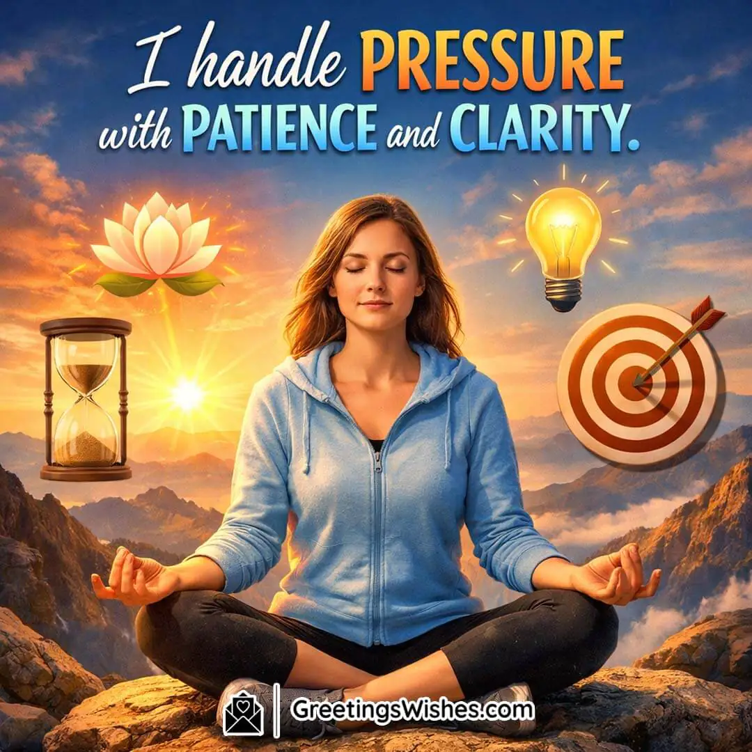 Handling Pressure with Patience Affirmation Image, featuring a woman meditating on a mountain at sunrise with symbols like an hourglass, lotus, light bulb, and target, representing calm thinking, patience, and clarity under pressure.