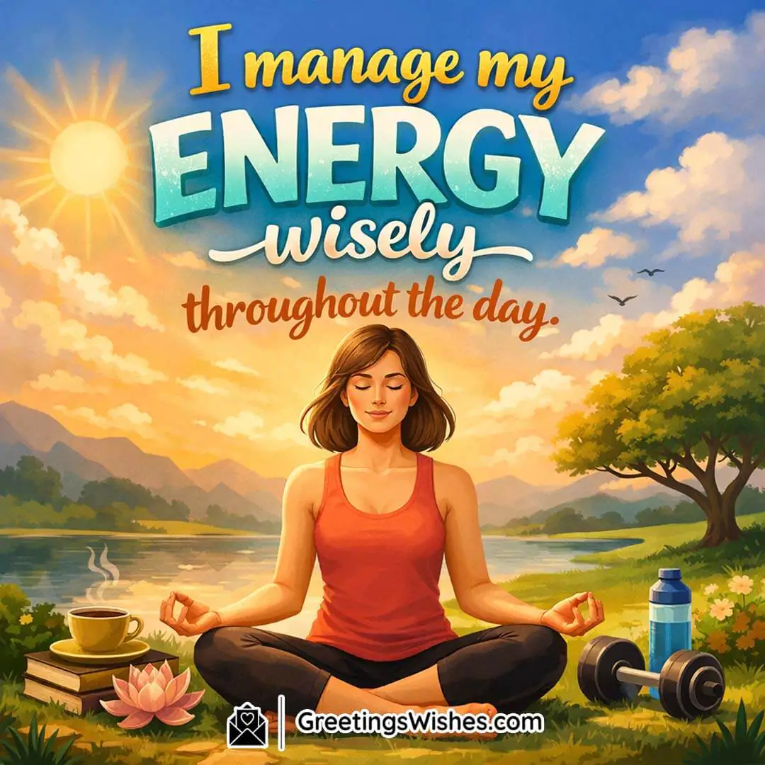 Managing Daily Energy Wisely Affirmation Image, featuring a woman meditating near nature with sunlight, water, fitness equipment, and calm surroundings, symbolising mindful energy use, balance, and sustained daily strength.