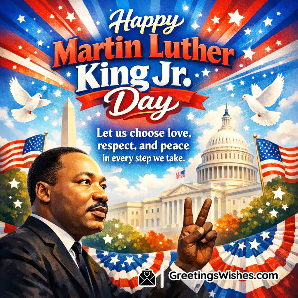 Martin Luther King Jr Day Love and Peace Message image featuring Dr. King showing a peace sign with white doves Capitol building and red white blue decorations, symbolizing love peace and equality.