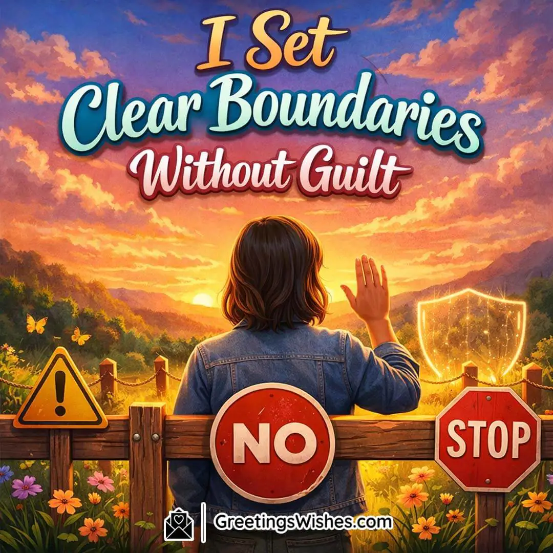 Setting Healthy Boundaries Without Guilt Affirmation Image, featuring a person standing behind a wooden barrier with stop and warning signs at sunset, symbolising self-respect, emotional boundaries, and confident decision-making.