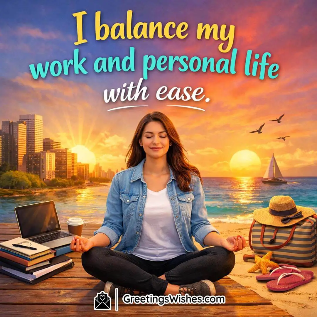 Work and Personal Life Balance Affirmation Image, featuring a woman meditating by the seaside with city buildings, books, laptop, and travel items nearby, symbolising harmony between work responsibilities and personal peace.