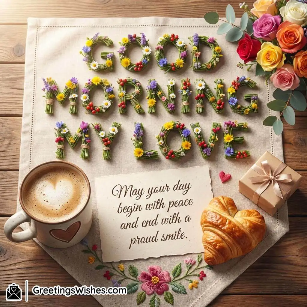 Good Morning My Love image featuring floral letters arranged on fabric with a heart-shaped coffee, croissant, small gift box, and a handwritten note symbolising peace and a proud smile.
