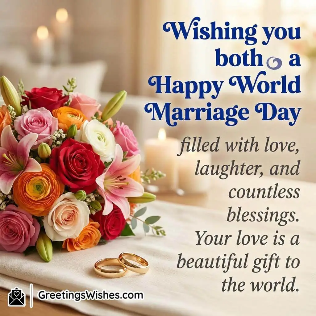 Happy World Marriage Day Wishes Image with Flowers and Rings featuring a beautiful bouquet beside wedding rings on a cushion, symbolising love, commitment, togetherness, and blessings shared by a married couple.