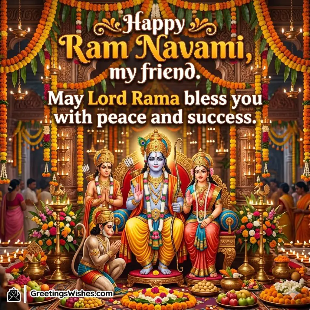 Ram Navami Greetings for Friend Quote featuring Lord Rama seated with Sita, Lakshman, and Hanuman in a festive temple setting with flowers and lights symbolising blessings, friendship, and happiness.