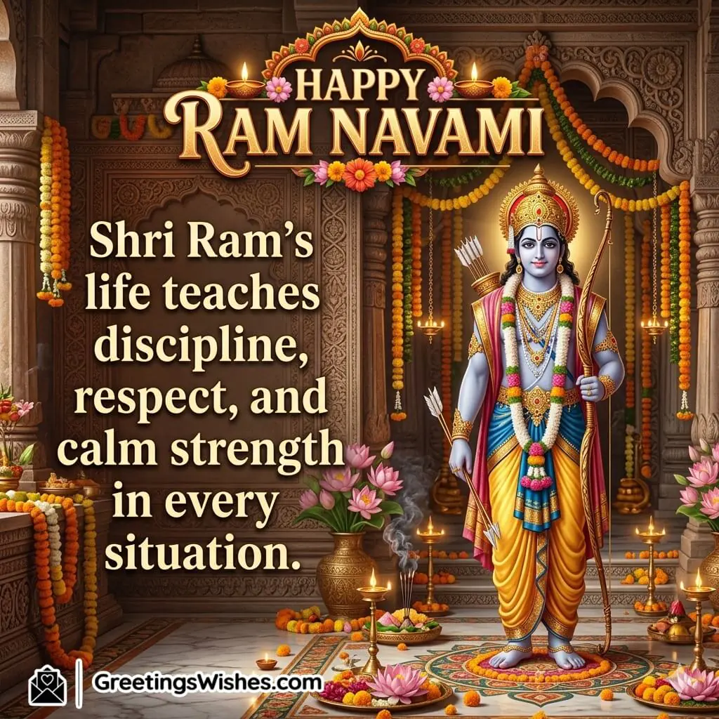 Ram Navami Values and Life Lessons Quote featuring Lord Rama standing gracefully in a temple surrounded by flowers, lamps, and traditional decorations symbolising discipline, respect, and inner strength.