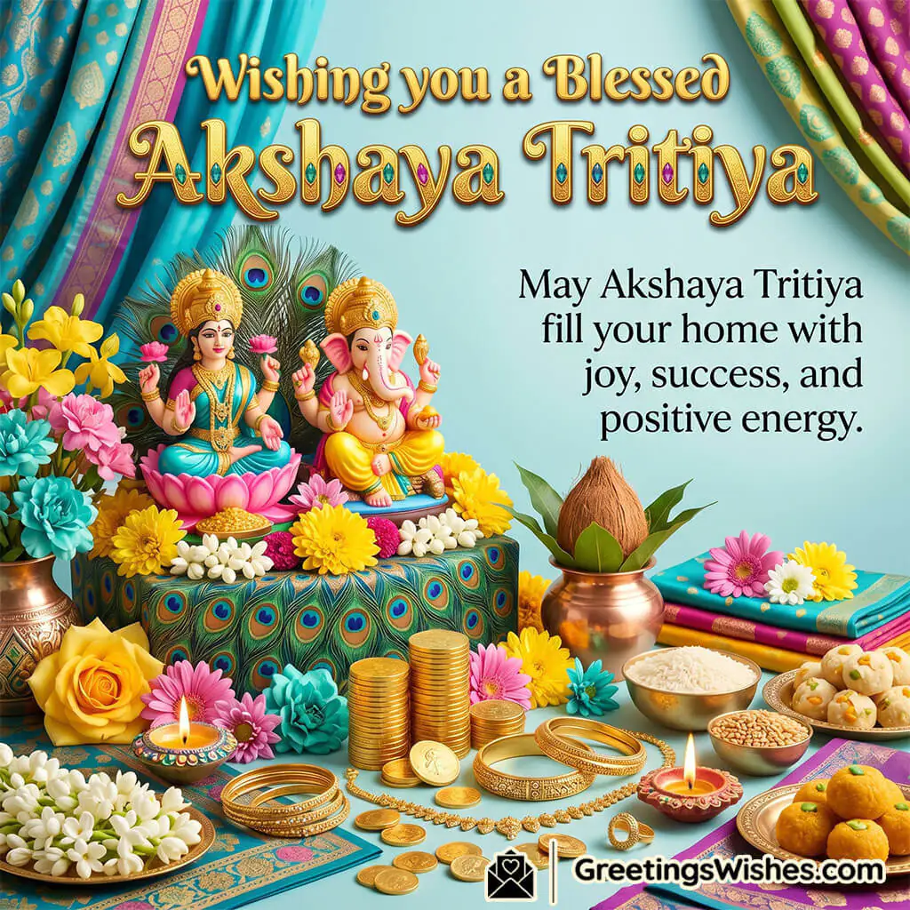 Akshaya Tritiya blessings image featuring Lakshmi and Ganesha idols, gold coins, flowers, and festive decorations symbolising prosperity, wealth, and positive energy.