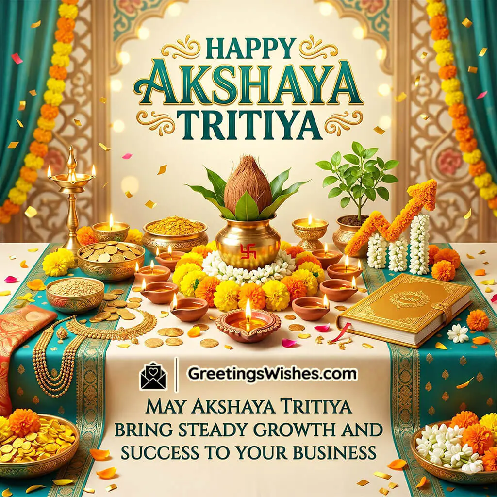 Akshaya Tritiya business greetings image featuring kalash, gold coins, jewellery, diyas, and festive setup symbolising growth, success, and prosperity in business.