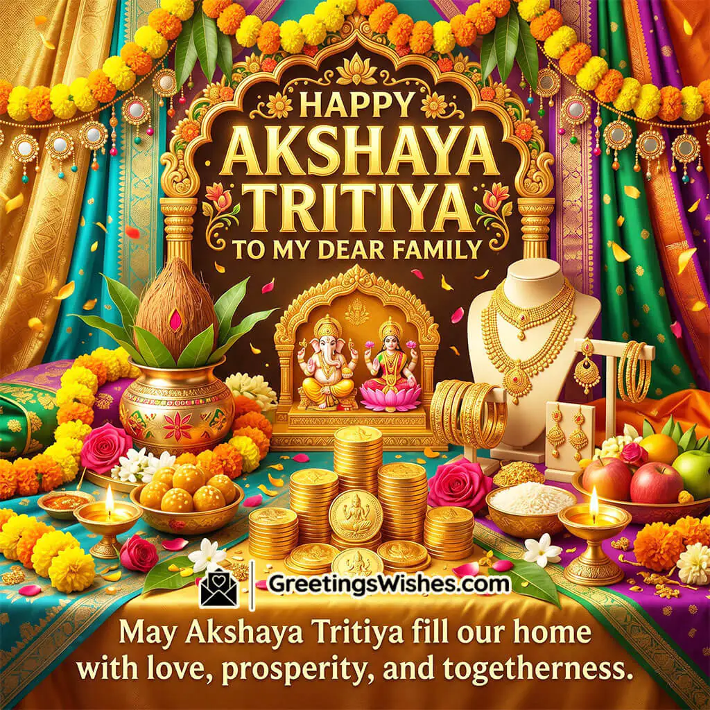 Akshaya Tritiya family wishes image featuring Lakshmi and Ganesha idols, gold coins, jewellery, sweets, and festive decor symbolising togetherness and prosperity.