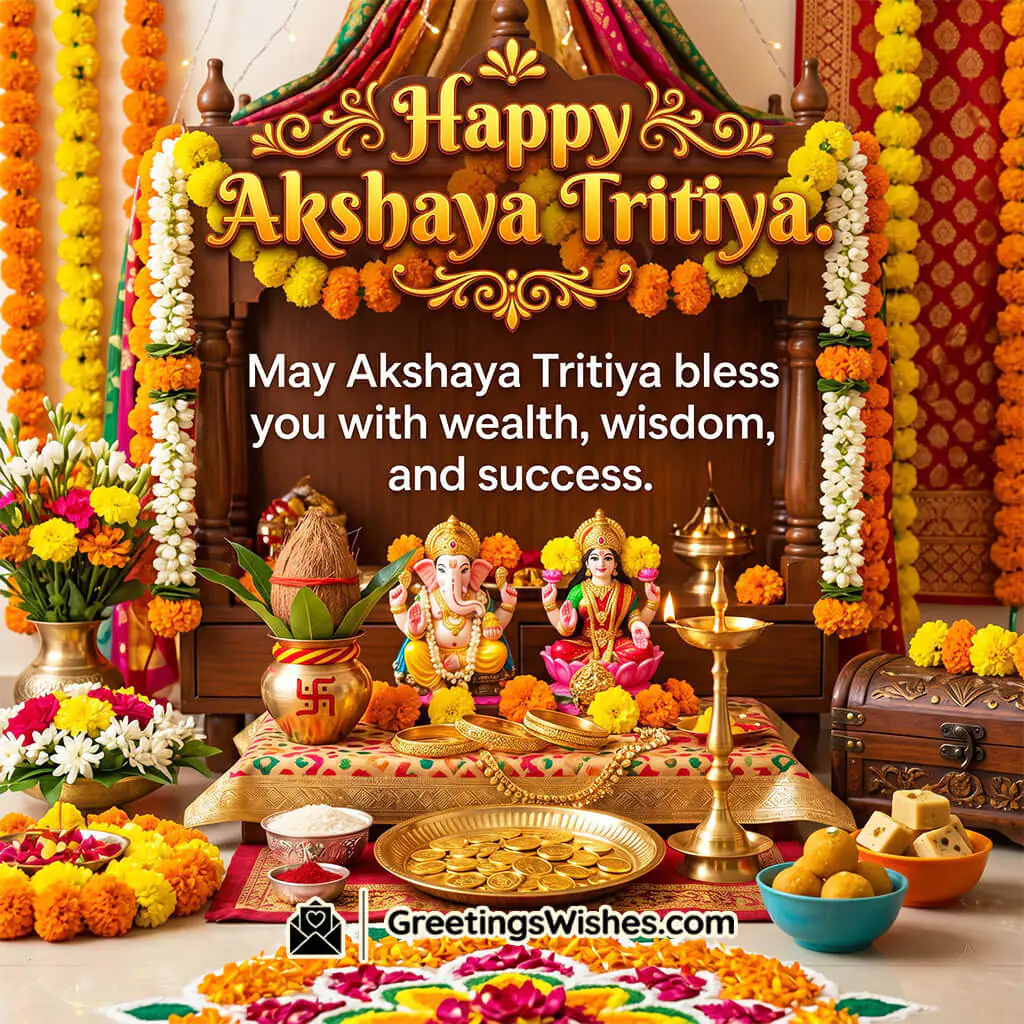 Akshaya Tritiya festival wishes image showing decorated mandir, idols of Lakshmi and Ganesha, gold coins, and rangoli symbolising wealth and success.