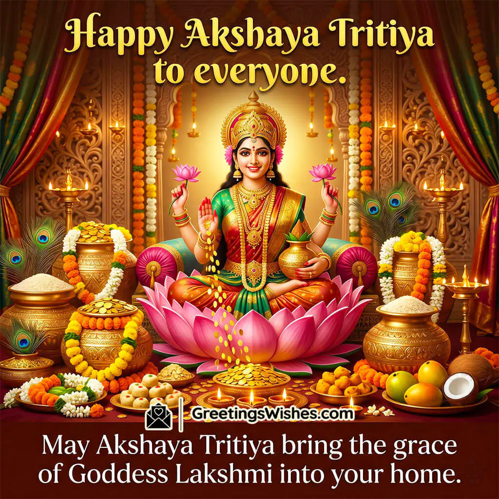 Akshaya Tritiya religious verse image featuring Goddess Lakshmi, lotus, gold coins, and traditional decor symbolising divine blessings, faith, and spiritual prosperity.