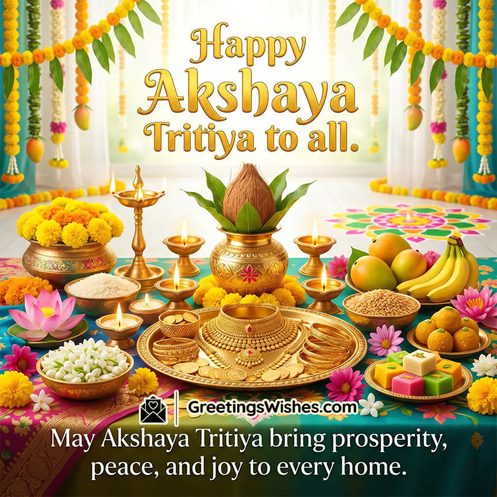Akshaya Tritiya inspirational quote image showing festive altar with diyas, flowers, and sacred setup symbolising motivation, courage, and positive new beginnings.