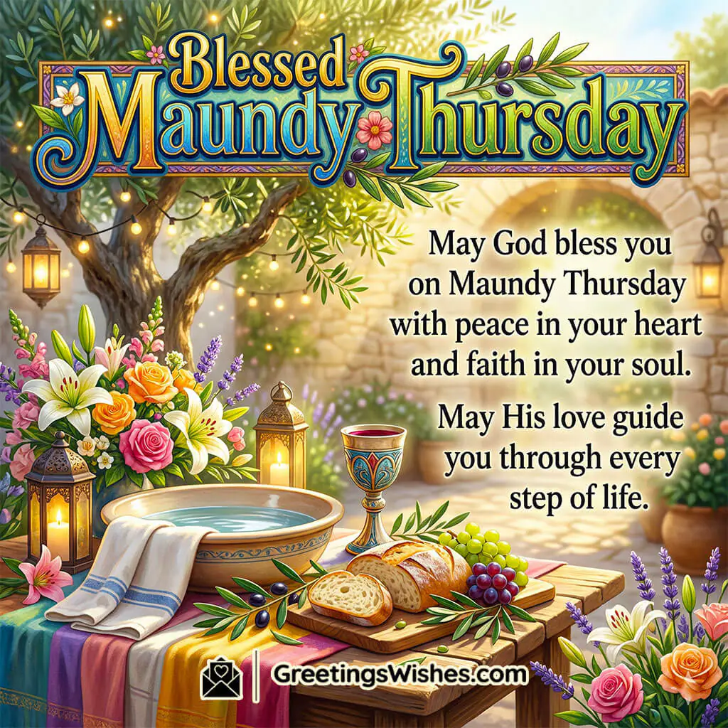 Maundy Thursday blessings image with glowing candles, communion bread and wine, and colourful flowers symbolising divine grace and love.