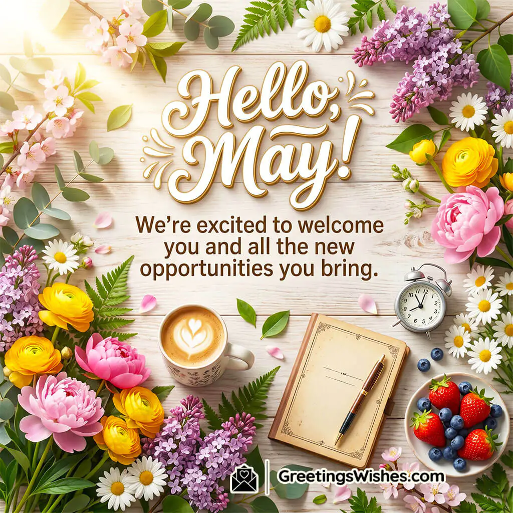 Bright Hello May Greeting Image featuring floral arrangement, coffee cup, notebook, and fresh fruits on wooden background symbolizing new opportunities, positivity, and a fresh start.