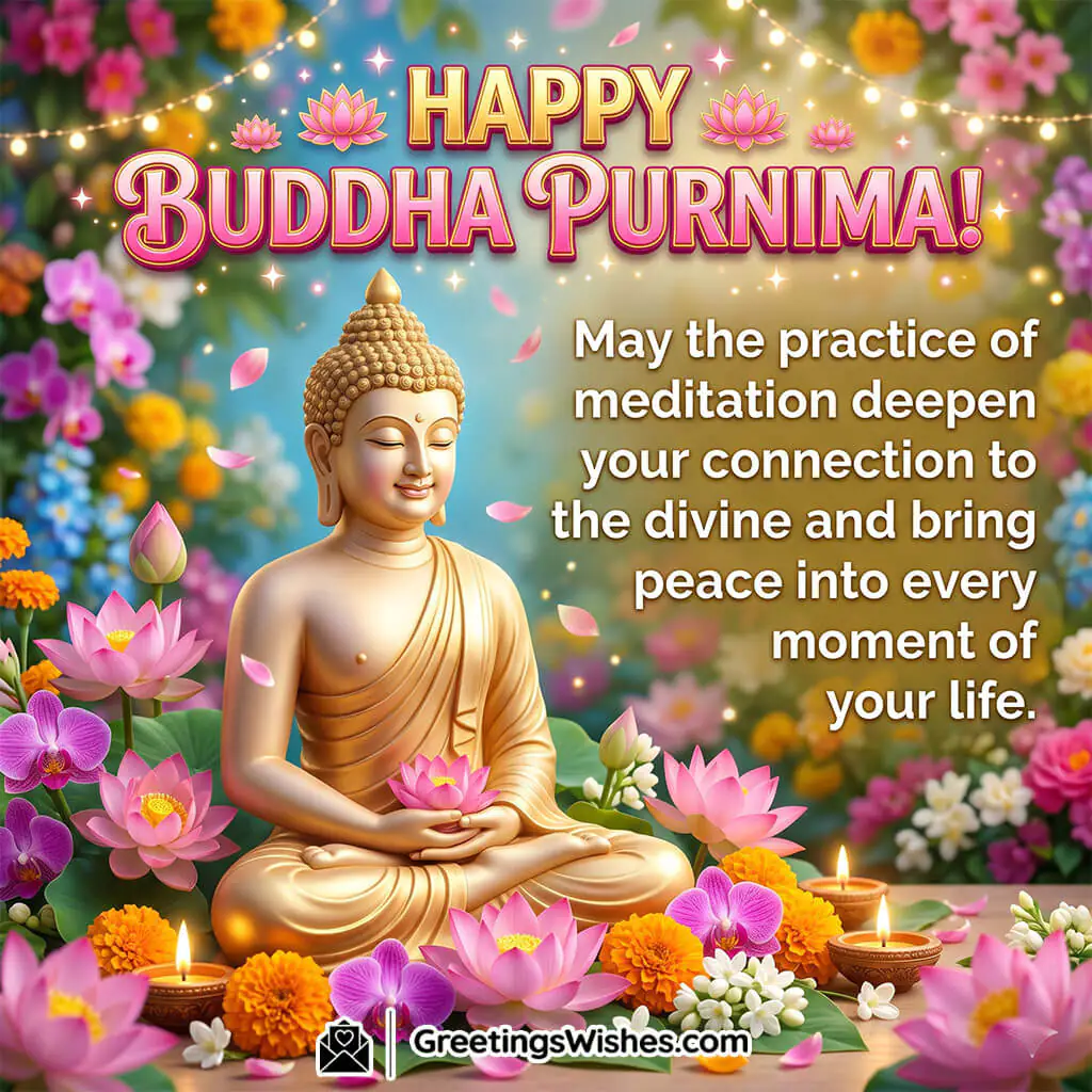 Calm Mind Buddha Purnima Wish Image featuring Buddha in meditation with flowers, candles, and soft glowing lights symbolizing tranquility, harmony, and deep spiritual connection.