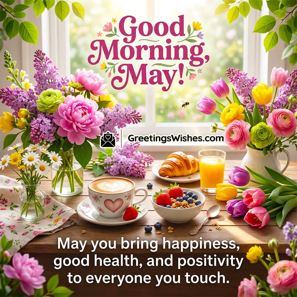 Cheerful May Good Morning Message Image featuring bright flowers, breakfast table, coffee cup, juice, and sunny window scene symbolizing positivity, health, and a cheerful start.