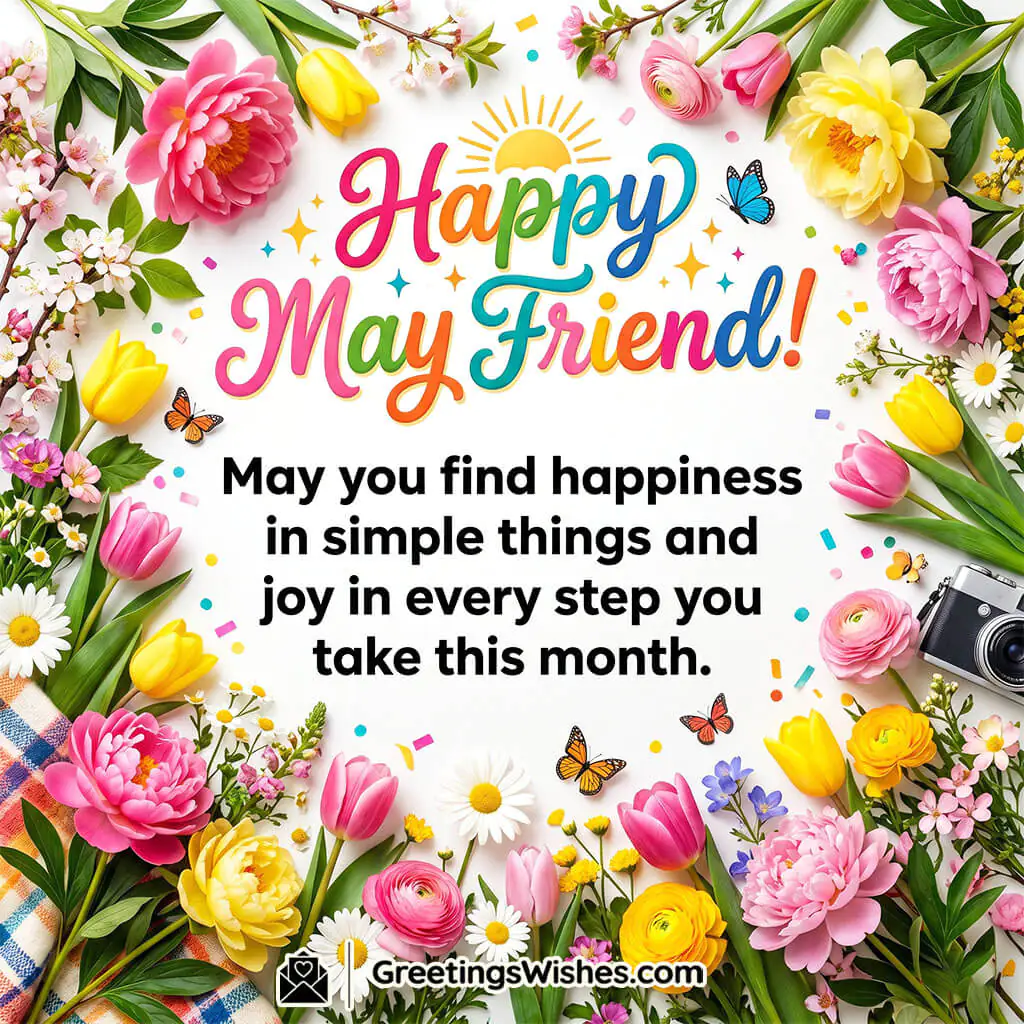 Cheerful May Wishes for Friends Image featuring vibrant flowers, butterflies, and festive elements symbolizing friendship, happiness, and shared joy.