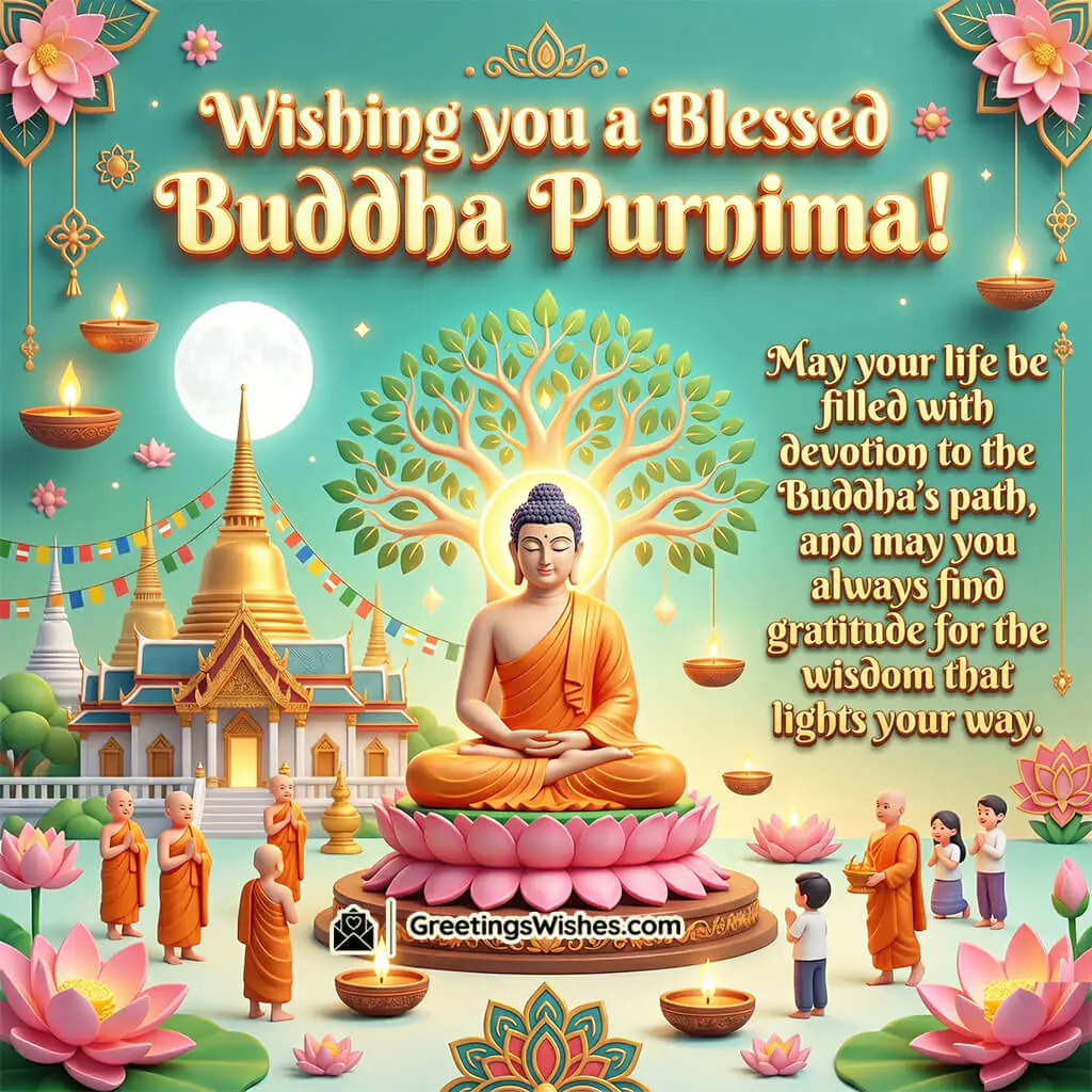 Devotion Glow Buddha Purnima Blessing Image featuring Buddha idol with devotees, temple setting, lotus platform, and diya lights symbolizing gratitude, faith, and spiritual devotion.