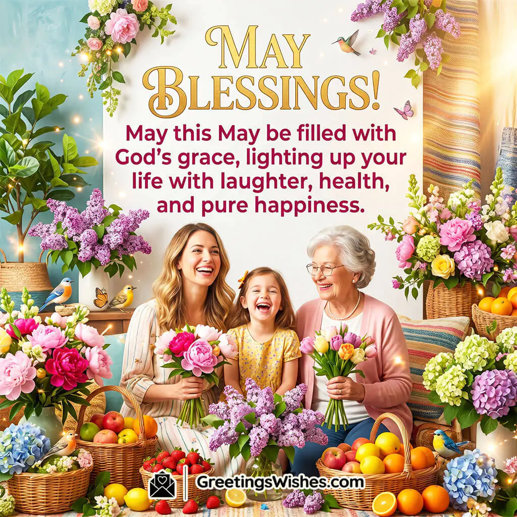Divine May Blessings Message Image featuring happy family with flowers, fruits, and warm lighting symbolizing love, gratitude, divine grace, and happiness for the month.