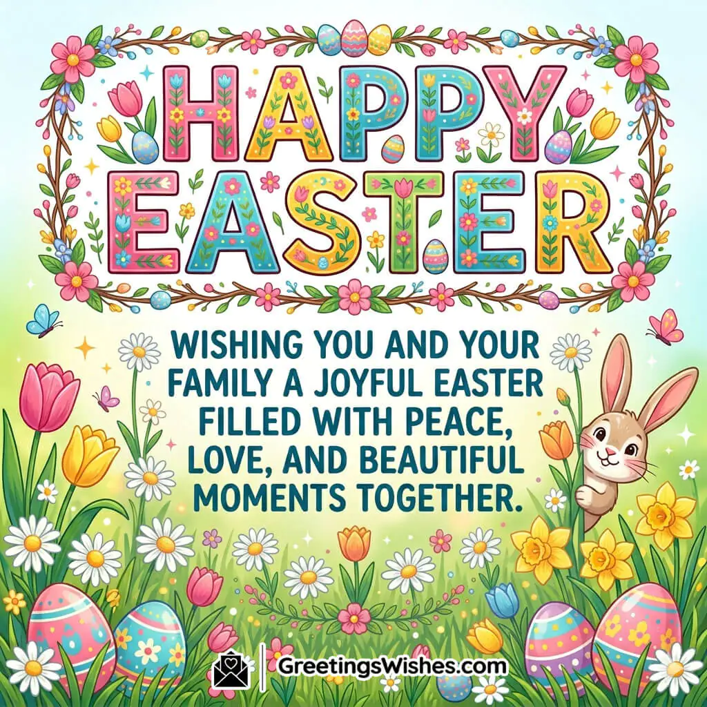 Easter greetings image featuring bunny, flowers, eggs, and bright garden scene symbolising kindness, community spirit, and joyful celebration.