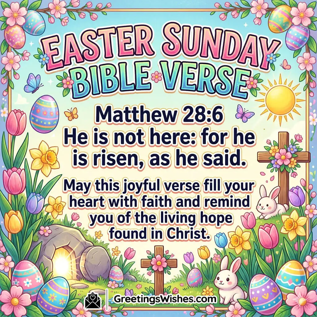 Easter Sunday Bible verse image showing cross, empty tomb, flowers, and scripture text symbolising resurrection, faith, and hope in Christ.