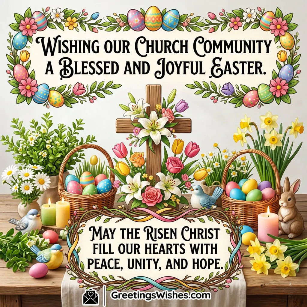 Easter church community wishes image showing cross with flowers, candles, eggs, and peaceful setting symbolising unity, faith, and spiritual blessings.