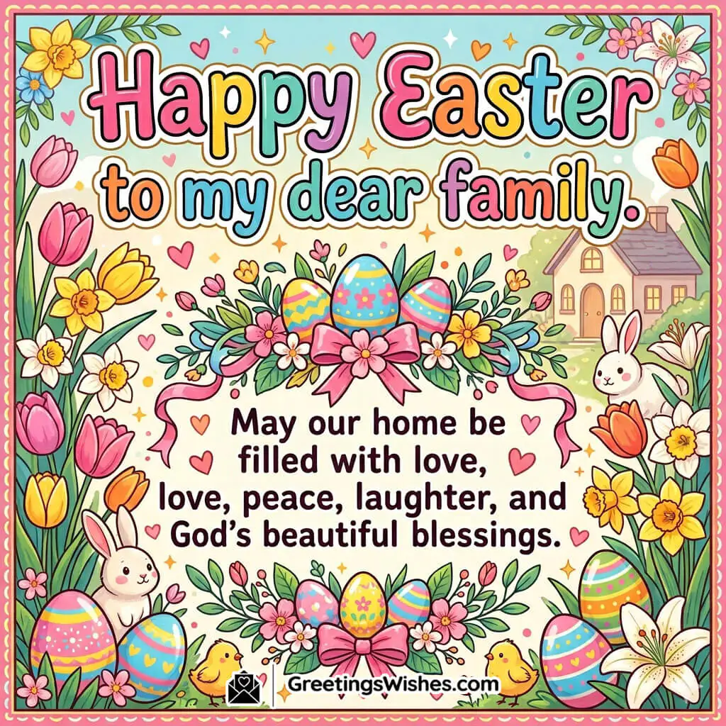 Easter family wishes image featuring decorated eggs, flowers, cute rabbits, and home background symbolising love, togetherness, and happiness.