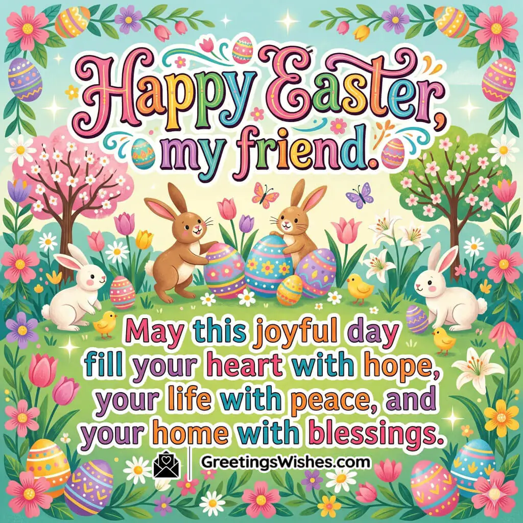 Easter friends wishes image showing playful rabbits, colourful eggs, flowers, and bright garden symbolising friendship, joy, and celebration.