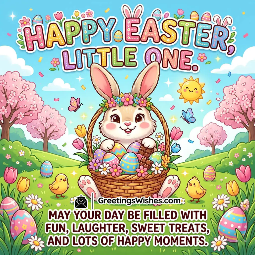 Easter kids wishes image featuring cute bunny with basket, eggs, chicks, and playful spring background symbolising fun, innocence, and happiness.