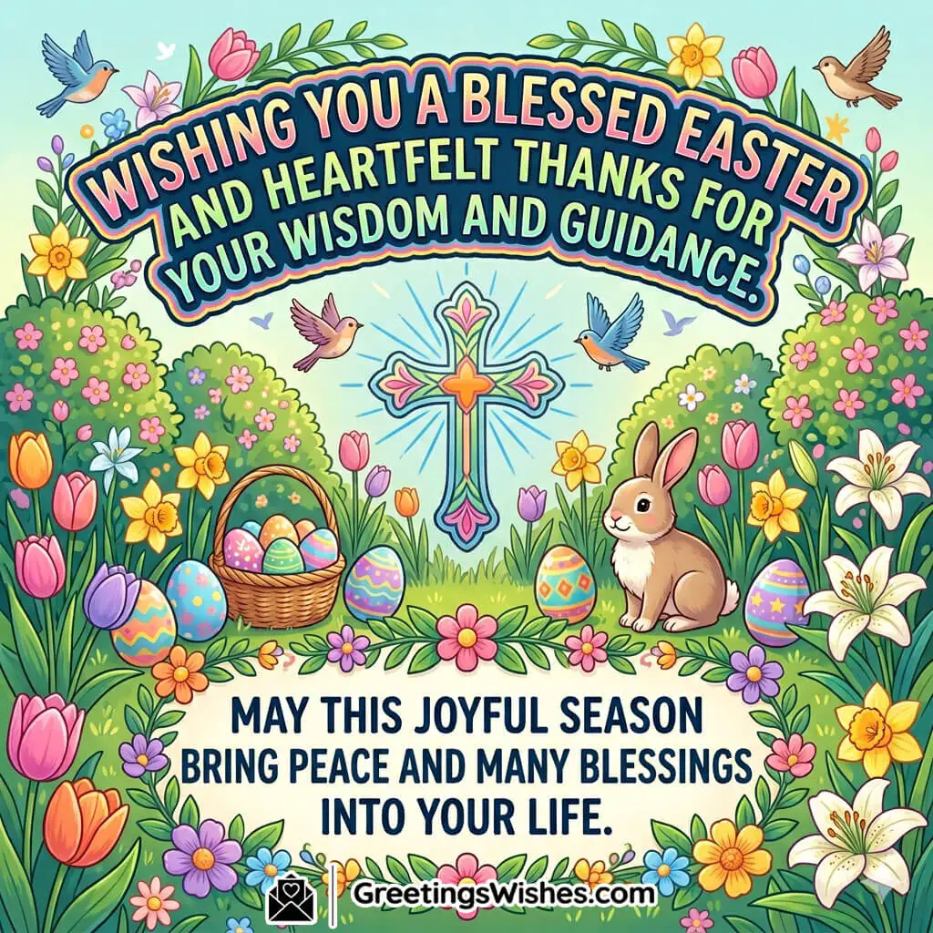 Easter wishes image featuring cross, flowers, birds, and eggs symbolising gratitude, guidance, blessings, and appreciation for mentors.