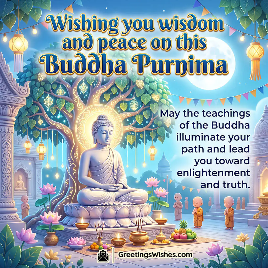 Enlightened Path Buddha Purnima Message Image featuring Buddha meditating under sacred tree with monks, temple architecture, and glowing lanterns symbolizing wisdom, truth, and spiritual awakening.