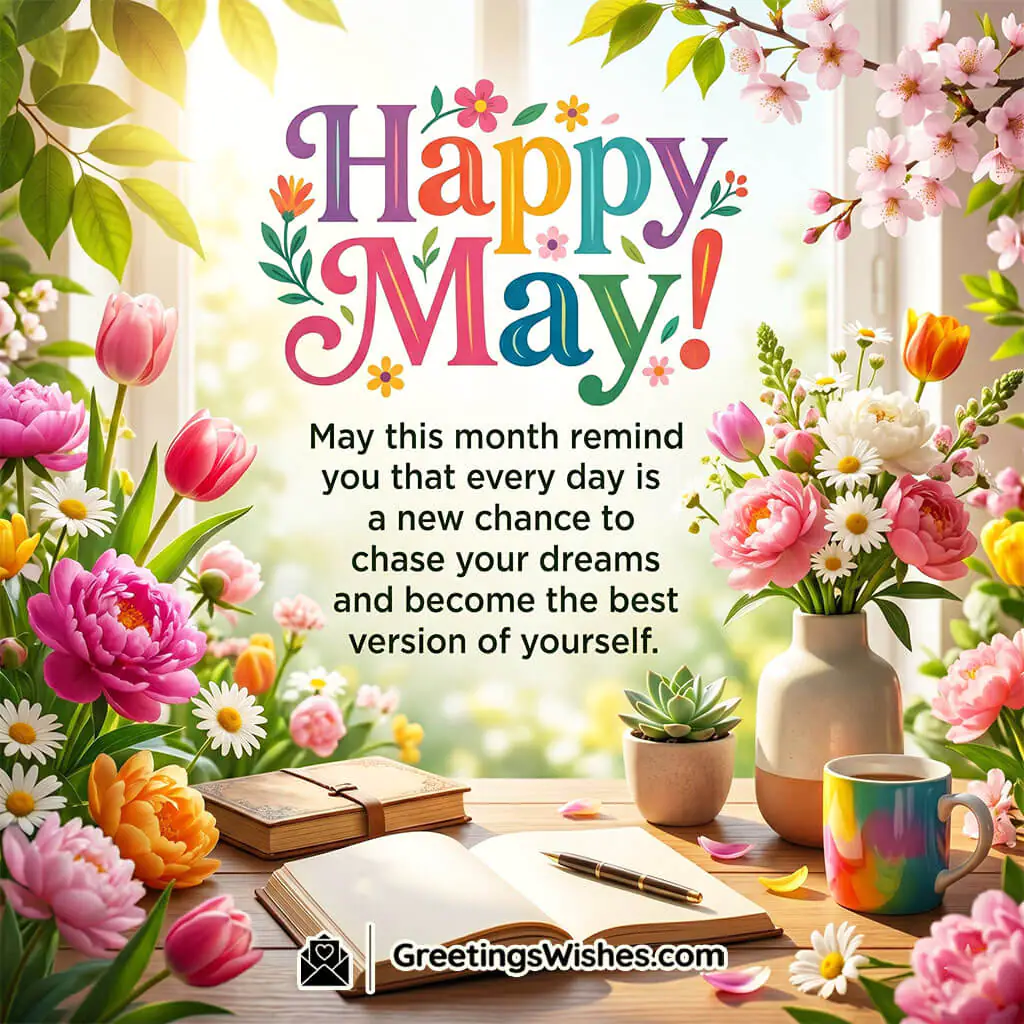 Fresh Start Inspirational May Message Image featuring blooming flowers, open notebook, and warm sunlight symbolizing motivation, growth, and new beginnings.