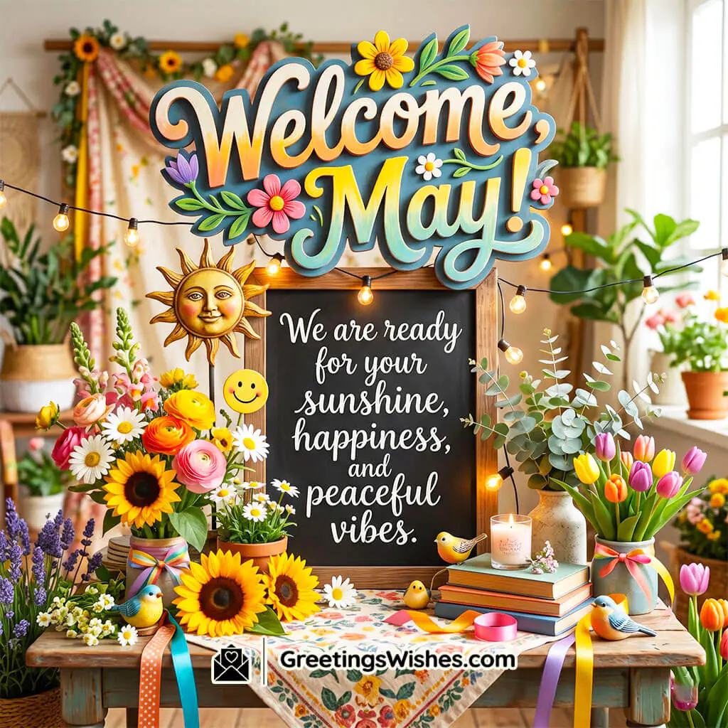 Fresh Welcome May Message Image featuring colourful flowers, sunlight decor, candles, and cheerful spring setup symbolizing fresh beginnings, happiness, and peaceful vibes.