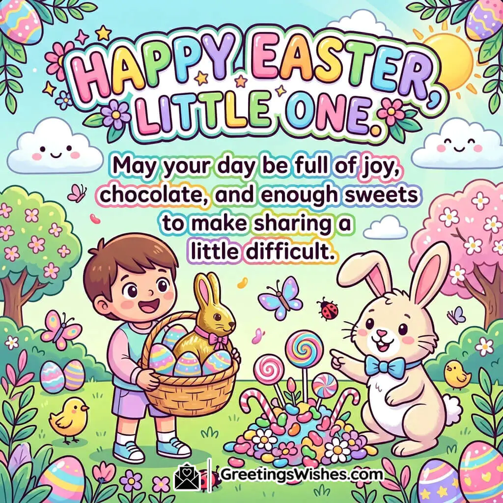 Easter funny wishes image featuring child with bunny, colourful eggs, candies, and playful garden scene symbolising joy, fun, and sweet celebration.