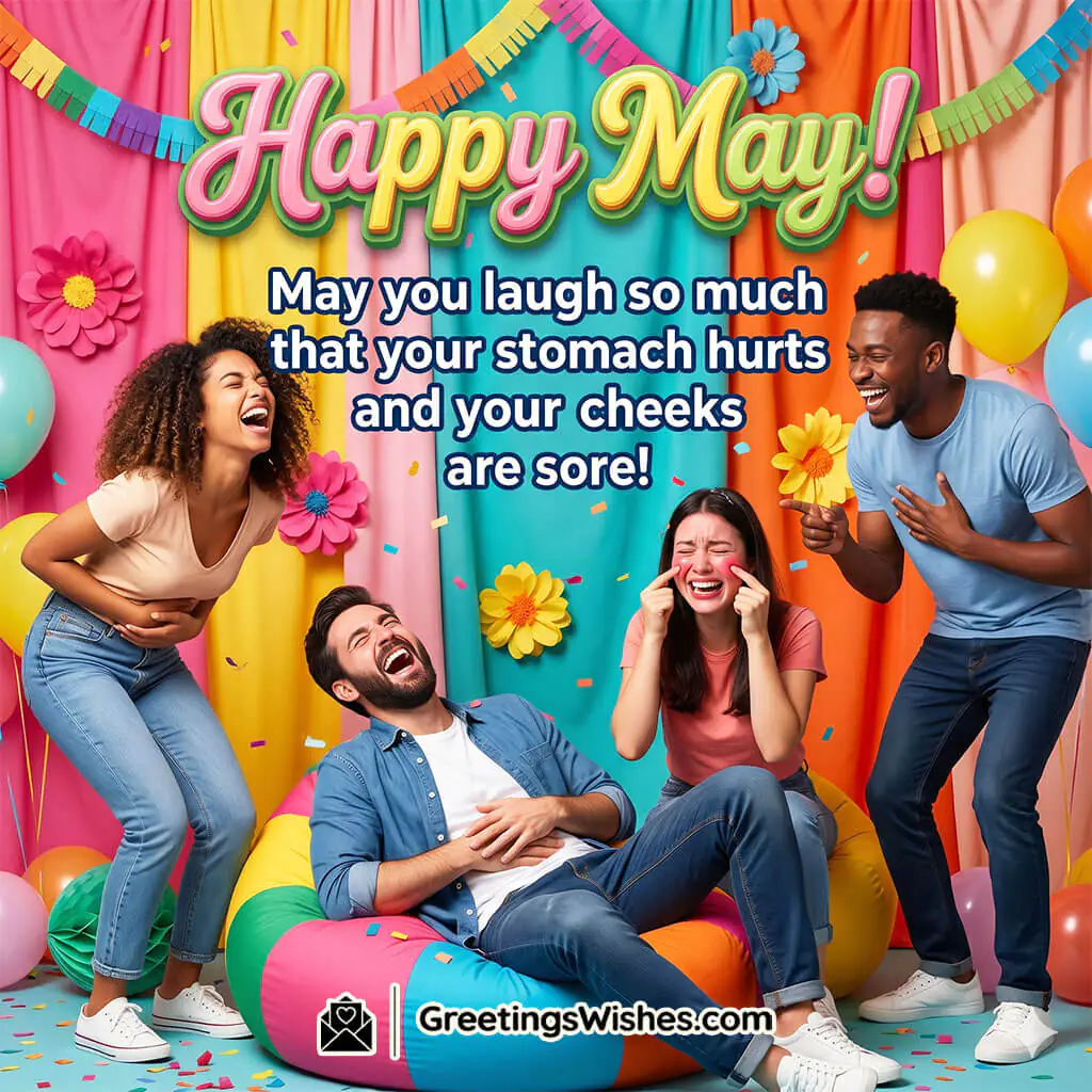 Funny May Laughter Moments Message Image featuring cheerful friends laughing with colorful decorations and balloons symbolizing joy, fun, and lighthearted moments.