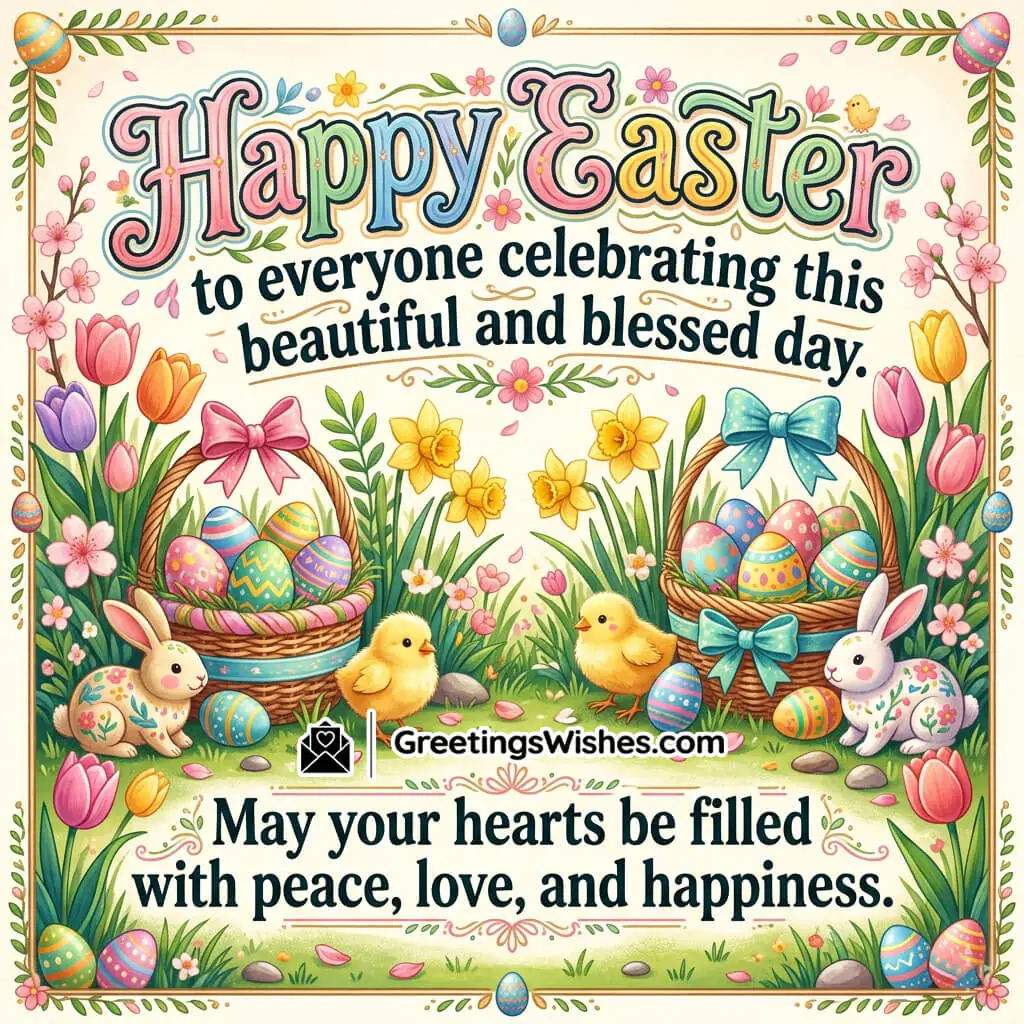 Easter social media wishes image featuring baskets of eggs, chicks, flowers, and bright decorative layout symbolising celebration, happiness, and sharing joy.