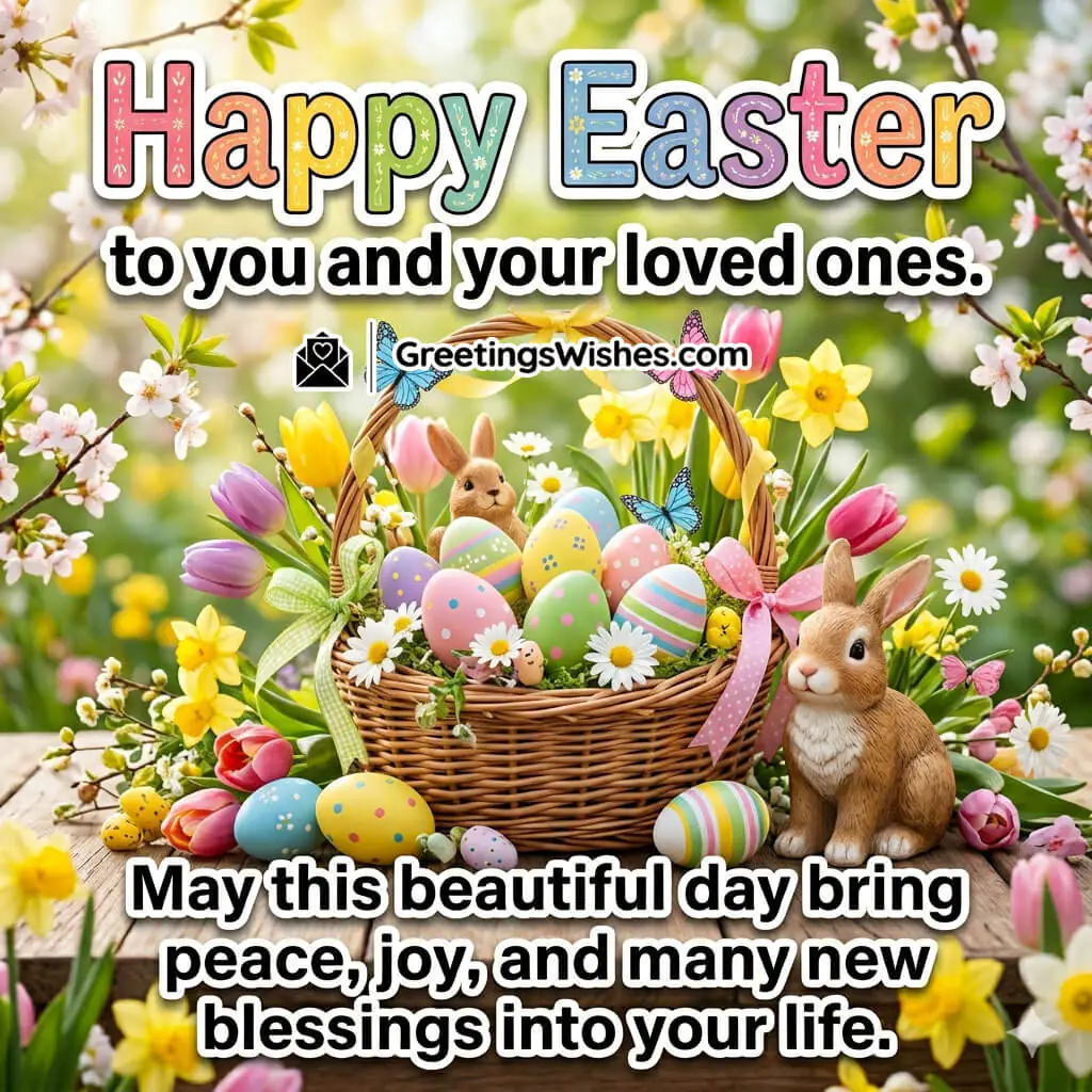 Easter wishes image featuring basket with colourful eggs, cute rabbits, spring flowers, and butterflies symbolising joy, renewal, and celebration.